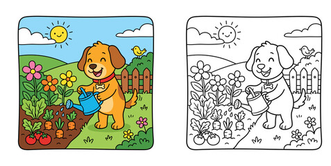 Cute cartoon dog watering garden flowers and vegetables vector illustration with coloring page line art for kids activity (132 characters)