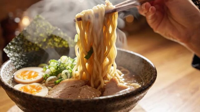 Steaming hot ramen noodles being lifted with chopsticks, a delicious Japanese meal.