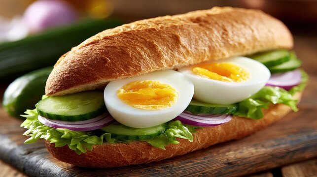 A long roll filled with lettuce, cucumber slices, red onion rings, and halved boiled eggs.