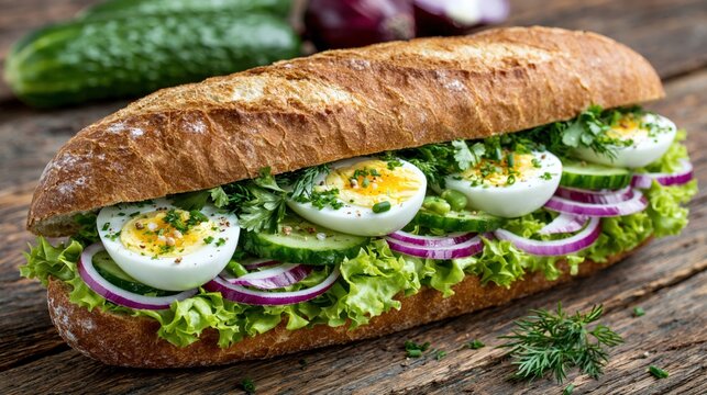 Hearty baguette sandwich filled with fresh ingredients and savory eggs.