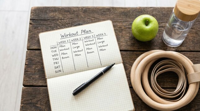 Workout plan in a notebook with apple. Fitness routine checklist for healthy lifestyle.