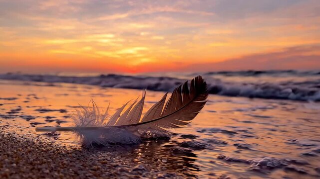 A delicate feather rests on the sandy beach as gentle waves wash ashore at sunset.