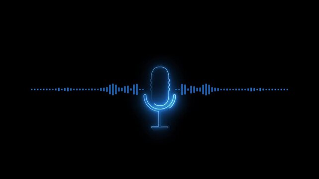 Glowing blue microphone icon on a black background with a dotted sound line, showing voice recording, podcasting, audio technology, and modern digital communication.