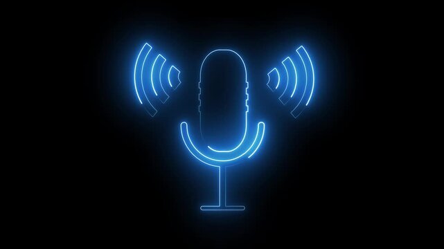 Glowing blue neon microphone with sound waves on a black background, ideal for podcast, radio, music, voice recording, streaming and audio technology themes.