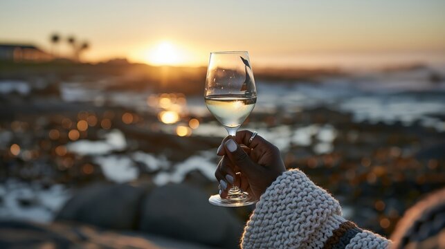 Person holds a glass of white wine at sunset near the ocean.