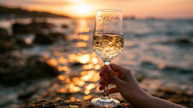 Hand holding a glass of sparkling wine against a golden sunset over the ocean.