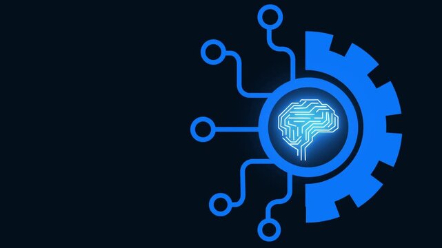 Glowing blue brain inside a gear with circuit lines on a dark background, showing artificial intelligence, automation, data, and smart technology in a clean modern design.
