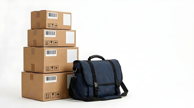 Stacked Cardboard Shipping Boxes With Courier Delivery Bag on White Background