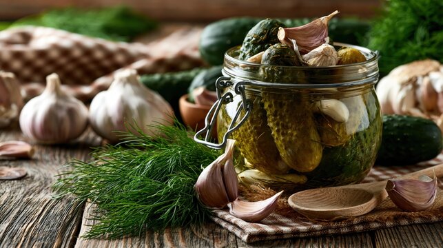 Preserved cucumbers in a glass jar with fresh dill and garlic on a wooden table.