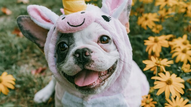 Adorable canine friend dressed in a playful costume smiles joyfully amidst yellow wildflowers.