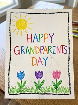 Handmade grandparents day greeting card with colorful crayon drawing of sun and flowers