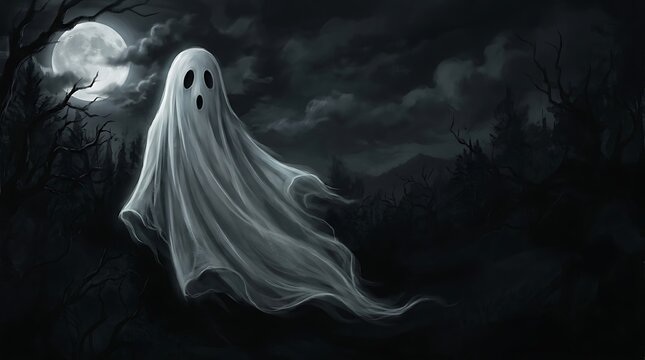 A spooky white ghost floating in a dark forest under a full moon perfect for a scary halloween background design