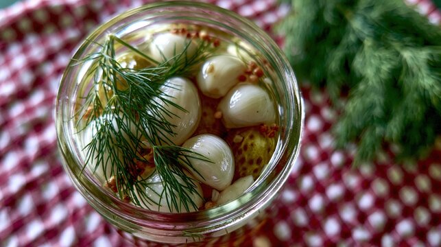 Preserved onions and dill float in a jar filled with brine.