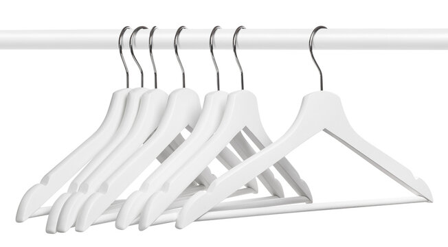 White wooden clothes hangers on wardrobe rail, isolated on transparent cutout background