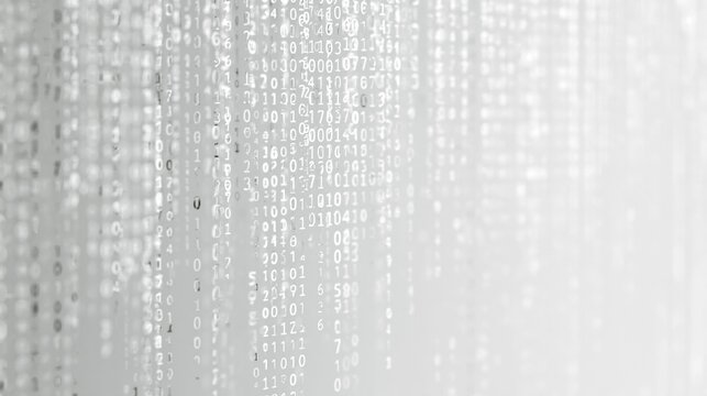 A minimalistic white digital matrix background featuring cascading binary code numbers in grayscale, representing technology and hacking.