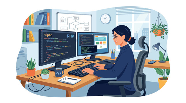 Programmer Woman Coding at Desk with Multiple Monitors and Flowchart