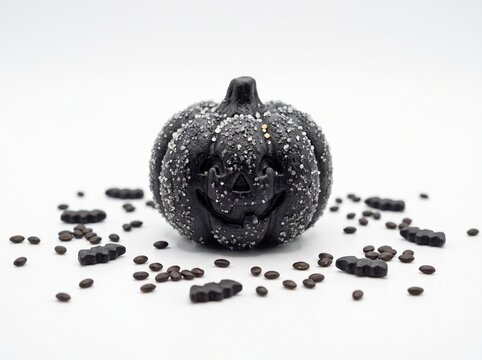 Mini Salmiakki Pumpkin Jack-o'-Lantern Candy Dusted with Salt on White Background