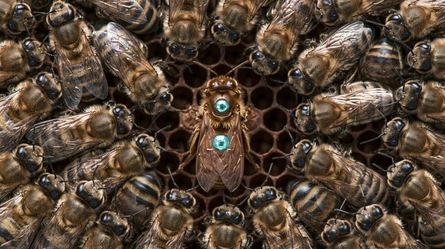 A central queen bee is surrounded by a cluster of her worker bees on a honeycomb.