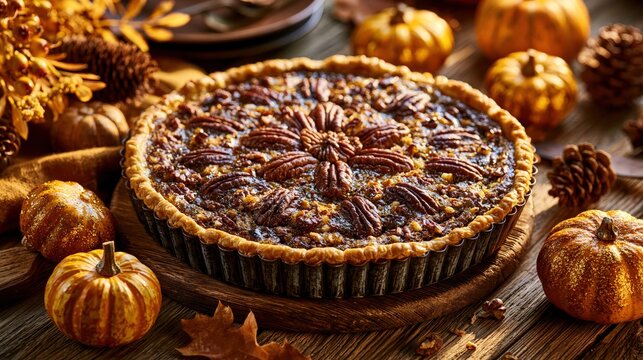 A richly baked pastry filled with nuts rests on a wooden surface surrounded by seasonal decorations.