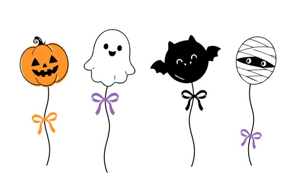 Cute Halloween balloon collection featuring smiling pumpkin, friendly ghost, happy bat, and wrapped mummy characters with ribbon bows in hand drawn flat vector style for party decorations.