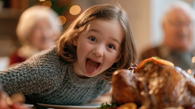 Excited Child Reacting to Golden Roast Turkey at Warm Family Thanksgiving Dinner with Grandparents in Soft Focus Background
