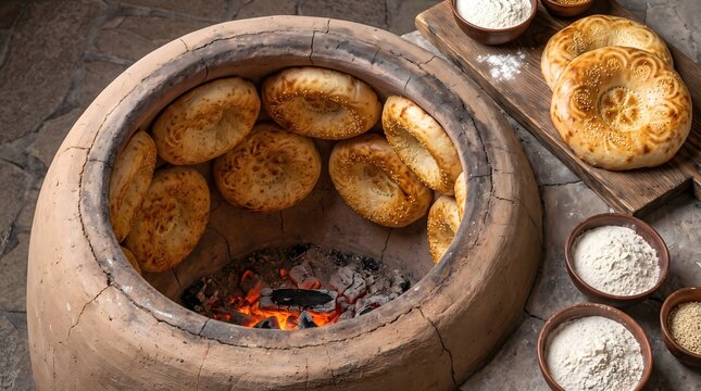 Traditional Uzbek tandoor bread baking inside a clay oven with glowing embers. flatbreads attached to the inner walls of a traditional wood-fired clay oven.