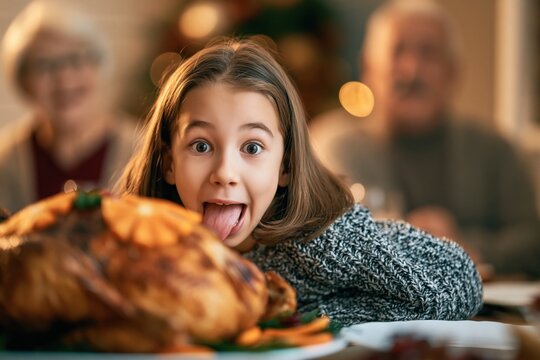 Excited Child Reacting to Golden Roast Turkey at Warm Family Thanksgiving Dinner with Grandparents in Soft Focus Background
