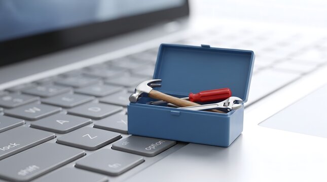 Miniature toolbox on laptop keyboard, Computer repair and IT support concept, Digital maintenance and technical service tools