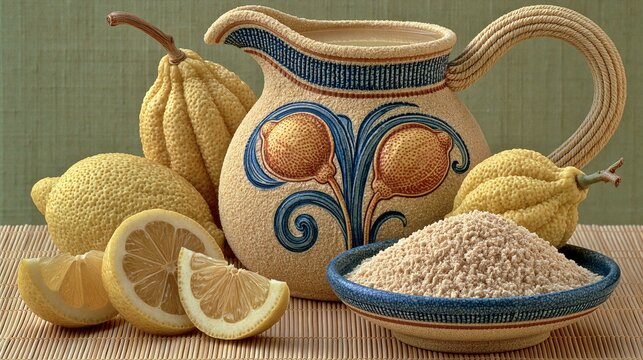 Ceramic pitcher holds a refreshing citrus drink surrounded by fresh fruit and granules.