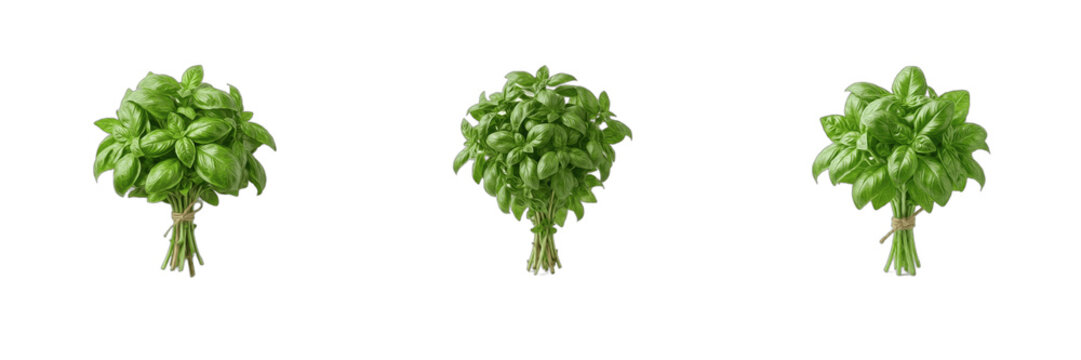 Fresh basil bunches PNG set, isolated aromatic green herbs and tied culinary herb bouquets for commercial stock vectors and food design assets