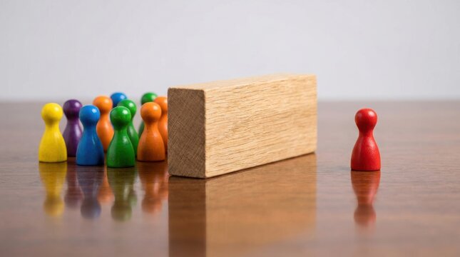 Colorful figurines facing a large obstacle block. Diverse team overcoming workplace challenges and social barriers in modern business strategy.