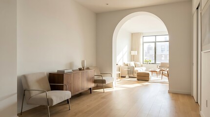 Fototapeta premium Bright and spacious minimalist living room with elegant archway leading to a sunlit lounge area, showcasing modern interior design and serene home comfort
