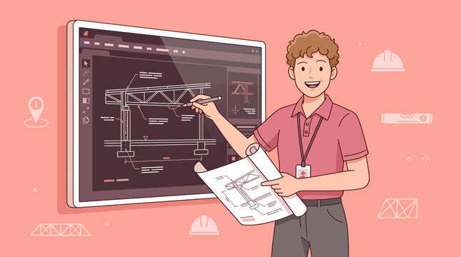 Engineer planning structural project on digital screen and blueprint