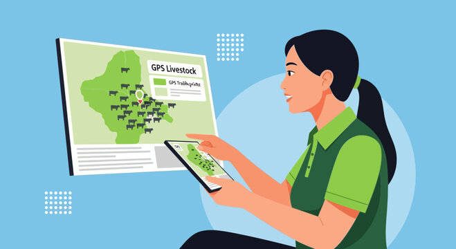 Farmer uses tablet to track livestock GPS data on computer screen