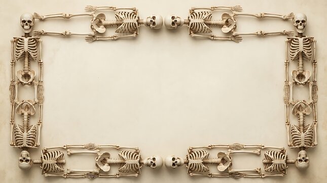A vintage style halloween background featuring a decorative border made of intricate human skulls and bones on parchment paper