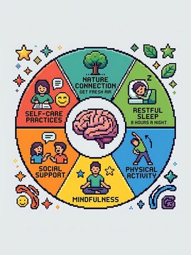 Mental health and self care wheel infographic with pixel art style