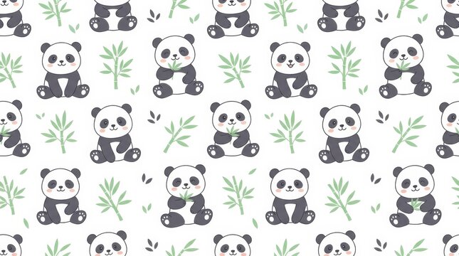 Cute panda pattern design featuring adorable pandas and bamboo on a light background for kids decor and apparel