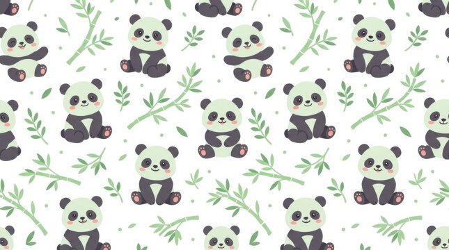 Cute panda pattern design featuring playful pandas surrounded by bamboo leaves for fun and whimsical projects