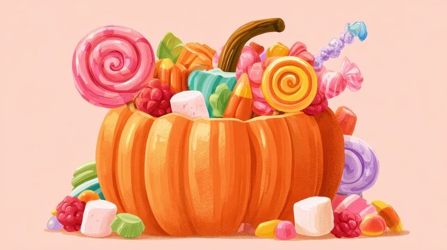 Orange gourd packed with sugary goodies swirl confection gumdrops berry chews marshmallow bites dessert assortment festive snack flat design front view thanksgiving theme water color colored pastel. 