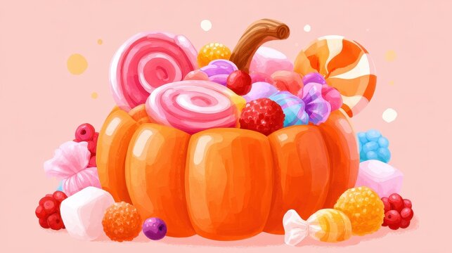 Orange gourd packed with sugary goodies swirl confection gumdrops berry chews marshmallow bites dessert assortment festive snack flat design front view thanksgiving theme water color colored pastel. 