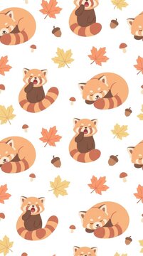 Adorable red panda design featuring autumn leaves and mushrooms set against a clean white backdrop