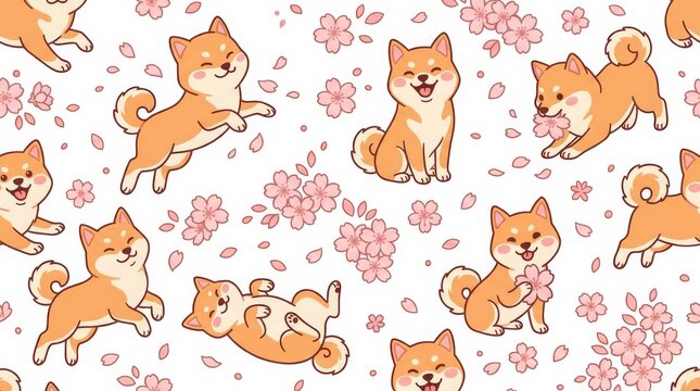 Adorable shiba inu dogs playfully surrounded by cherry blossom petals in a charming repeating pattern design