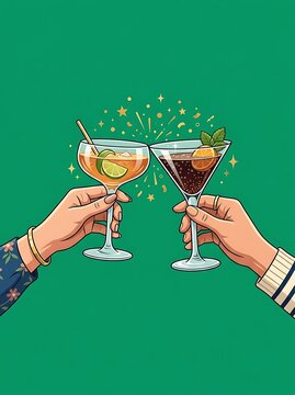 Hands clinking cocktail glasses in a celebratory toast on green background