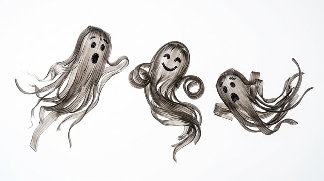 Translucent Black Liquorice Ghosts Floating on Seamless White Background