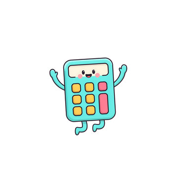 Cute happy cartoon calculator character with arms and legs jumping for joy in simple style