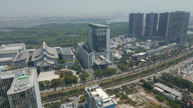 Tzu Chi Hospital Pantai Indah Kapuk Street North Jakarta Indonesia Drone Circling 4K 60FPS
