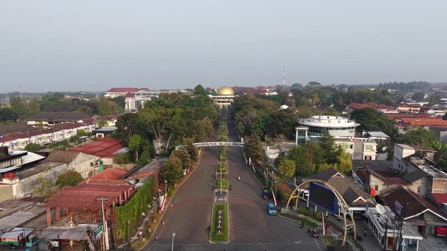 Morning aerial view of the integrated campus of the Islamic University of Indonesia, the first and oldest national private university in Indonesia located in Yogyakarta.