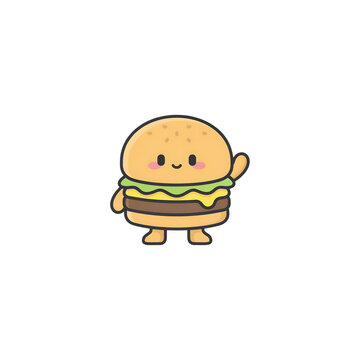 Cute pixel art hamburger character waving hand with a happy smile in a simple cartoon style