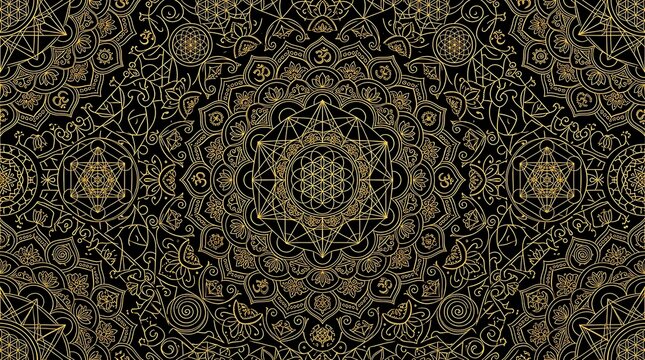 Gold sacred geometry mandala pattern on black background