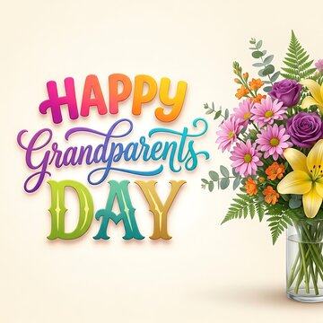 Happy grandparents day greeting card with colorful typography and a beautiful bouquet of fresh flowers in a glass vase on a light cream background